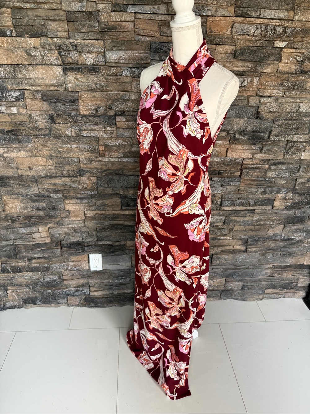 RACHEL Rachel Roy Burgundy Floral Halter Maxi Dress with Pink & Cream Accents